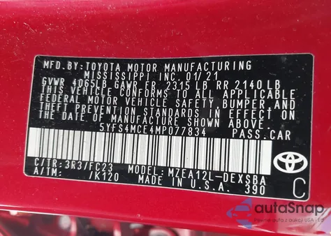 2021 Toyota Corolla Xse/Xse Apex Edition z USA, uszkodzony, nr VIN 5YFT4MCE9MP077834